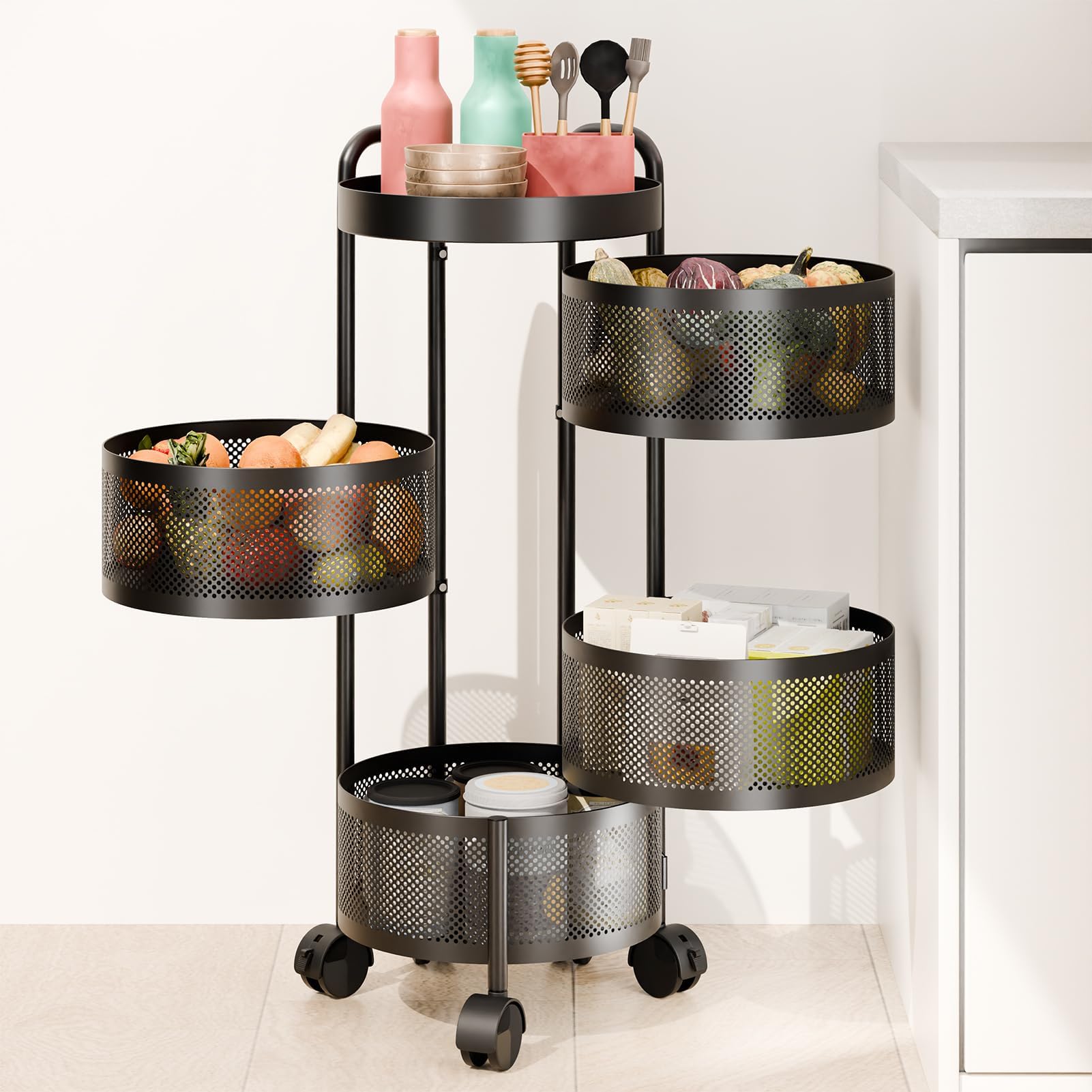 Fruit Basket for Kitchen, 5 Tier Circular Rotating Basket, Removable Basket Shelf Organizer on Rolling Wheels, Fruit Vegetable Metal Wire Shelf with Top Lid (New Round Black, Four Layers)