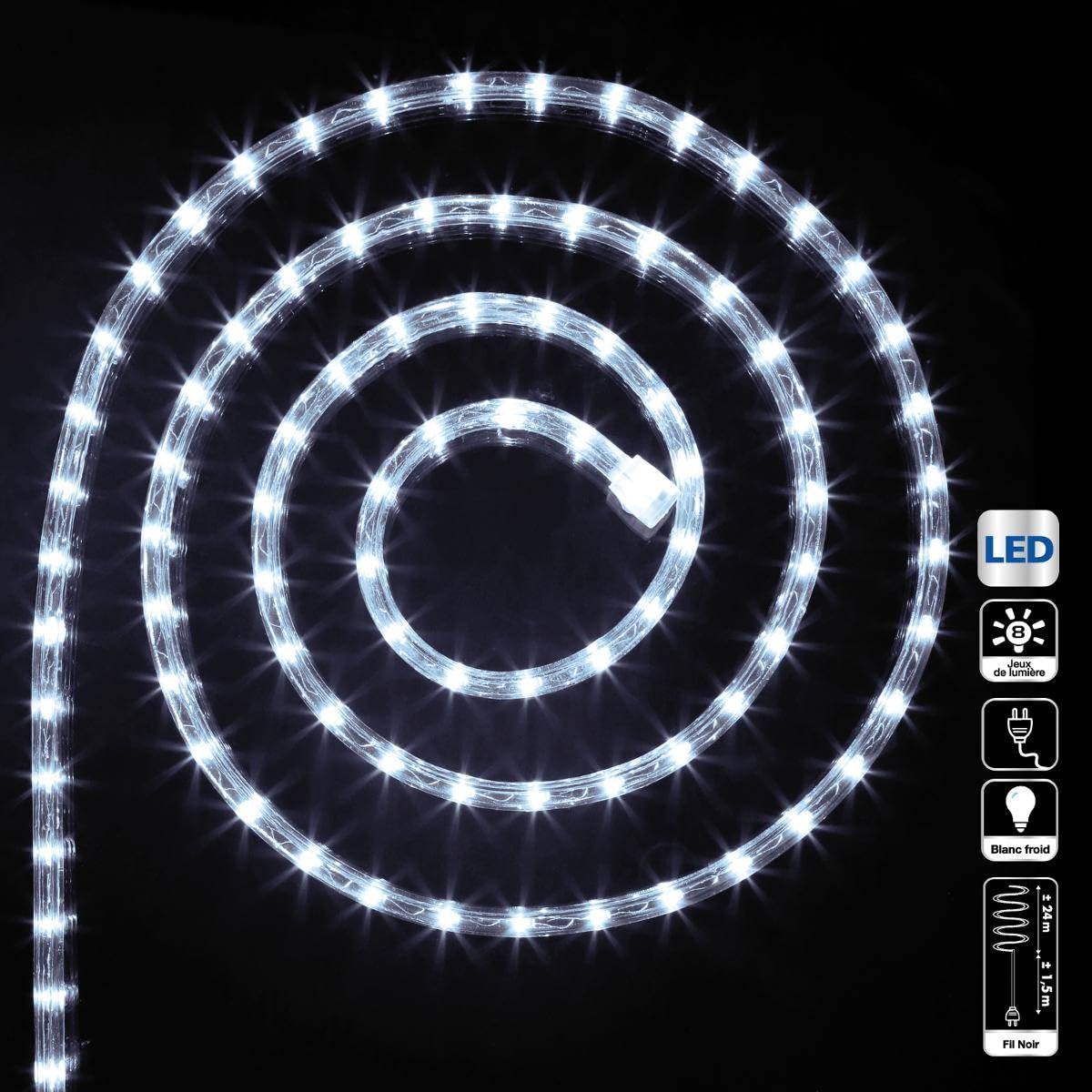 FEERIC LIGHTS & CHRISTMAS Guirlande Tube Lumineux 24 mètres Ampoules LED et 8 Jeux de Lumière - Coloris Blanc Froid