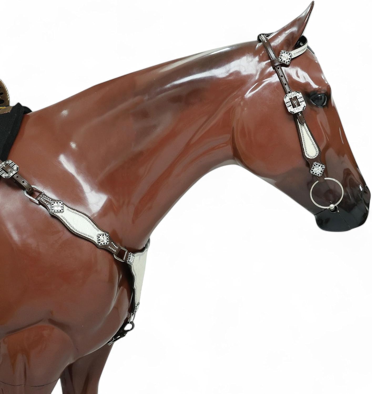 Silver Metallic Acid Wash Horse Tack Set - Genuine Argentina Leather One Ear Horse Bridle with Rhinestones - Ideal Christmas Horse Tack for Barrel Racing & Everyday Riding
