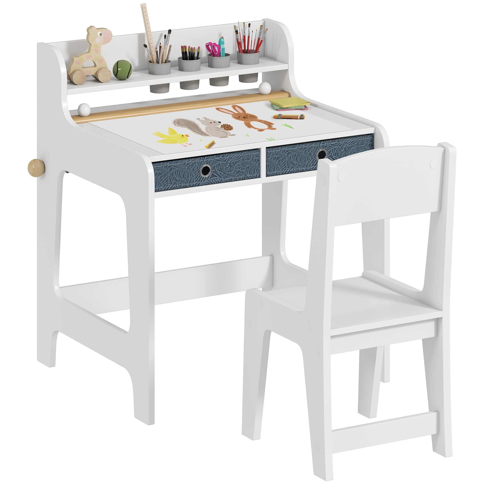 AIYAPLAY Bureau Enfant avec Chaise, Table avec 2 tiroirs en Tissu, étagère et Porte-gobelet, Blanc, pour 3-8 Ans
