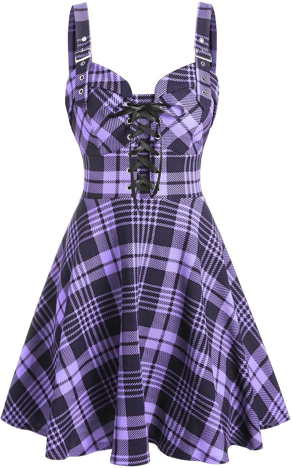 DRESSFO Women's Gothic Dress Plaid Print Lace-up Front Buckle Strap Dress Retro Empire Waist Dress Vintage 1950s Dresses