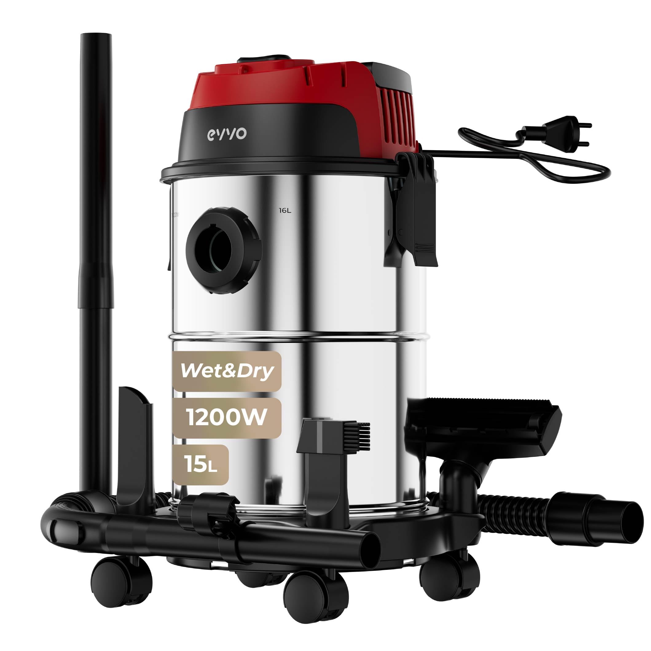 EVVO Aspirador de Sólidos y Líquidos – Aspiradora Wet & Dry, Depósito INOX, Filtro HEPA F7, Función Soplado con Válvula, Aspiradora Potente para Hogar, Taller y Coche (1200, Vatios)