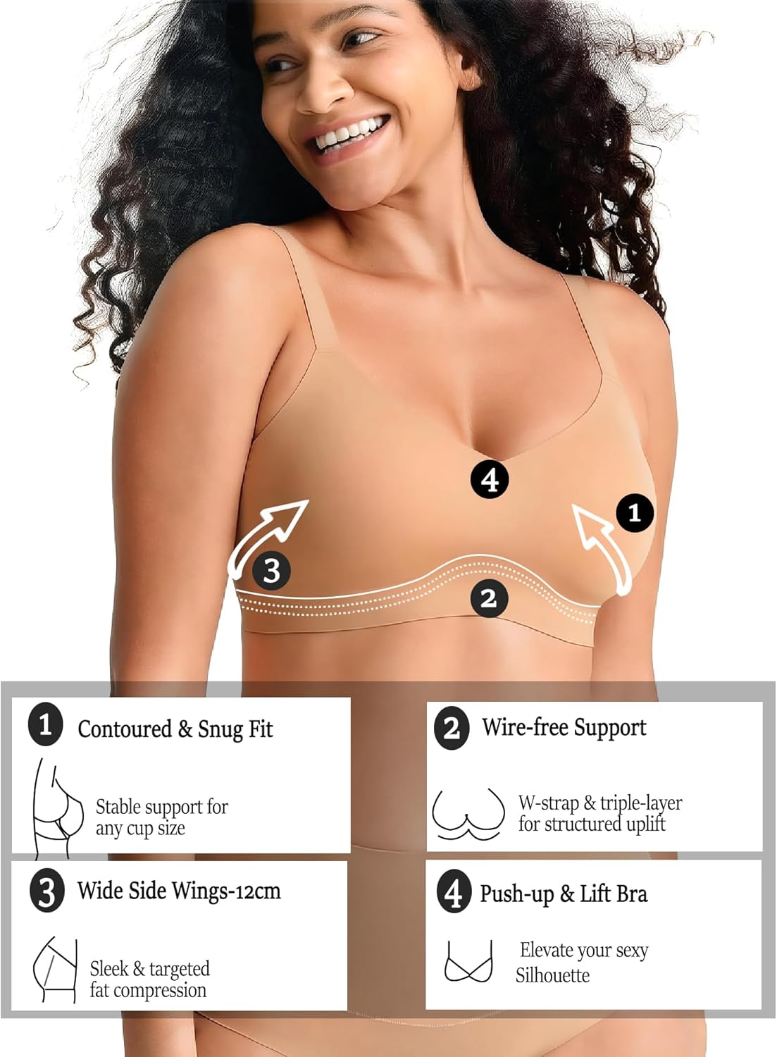 Wireless Supportive Bras with Soft Cup,Seamless Full Coverage with Fixed Pads,Adjustable Straps&Wide Band