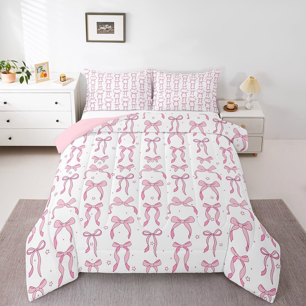 Erosebridal Pink and White Bows Twin Bedding Set for Girls Kids,Cute Pink Bow Knot Comforter Set Bedroom Decor,Princess Bowtie Bed Set Stars Bedding Comforter Sets,1 Pillowcase
