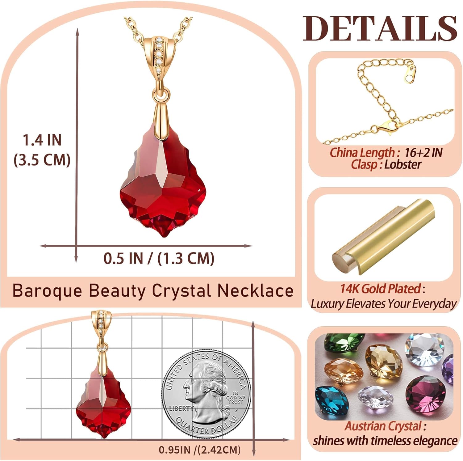 EVEVIC Austrian Crystals Baroque Pendant Necklace for Women 14K Gold Plated Hypoallergenic Jewelry Gift - Image 6