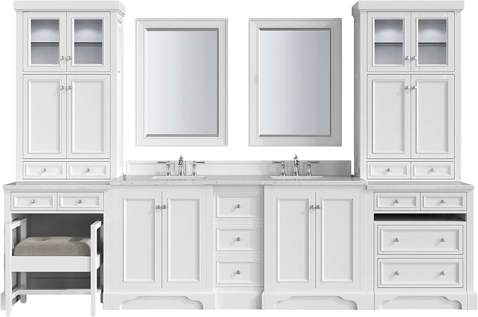 James Martin Vanities 825-V72GP-BB-EJP De Soto 132" Double Basin Birch Vanity Set with Quartz Top, USB/Electrical Outlets and Matching Mirror