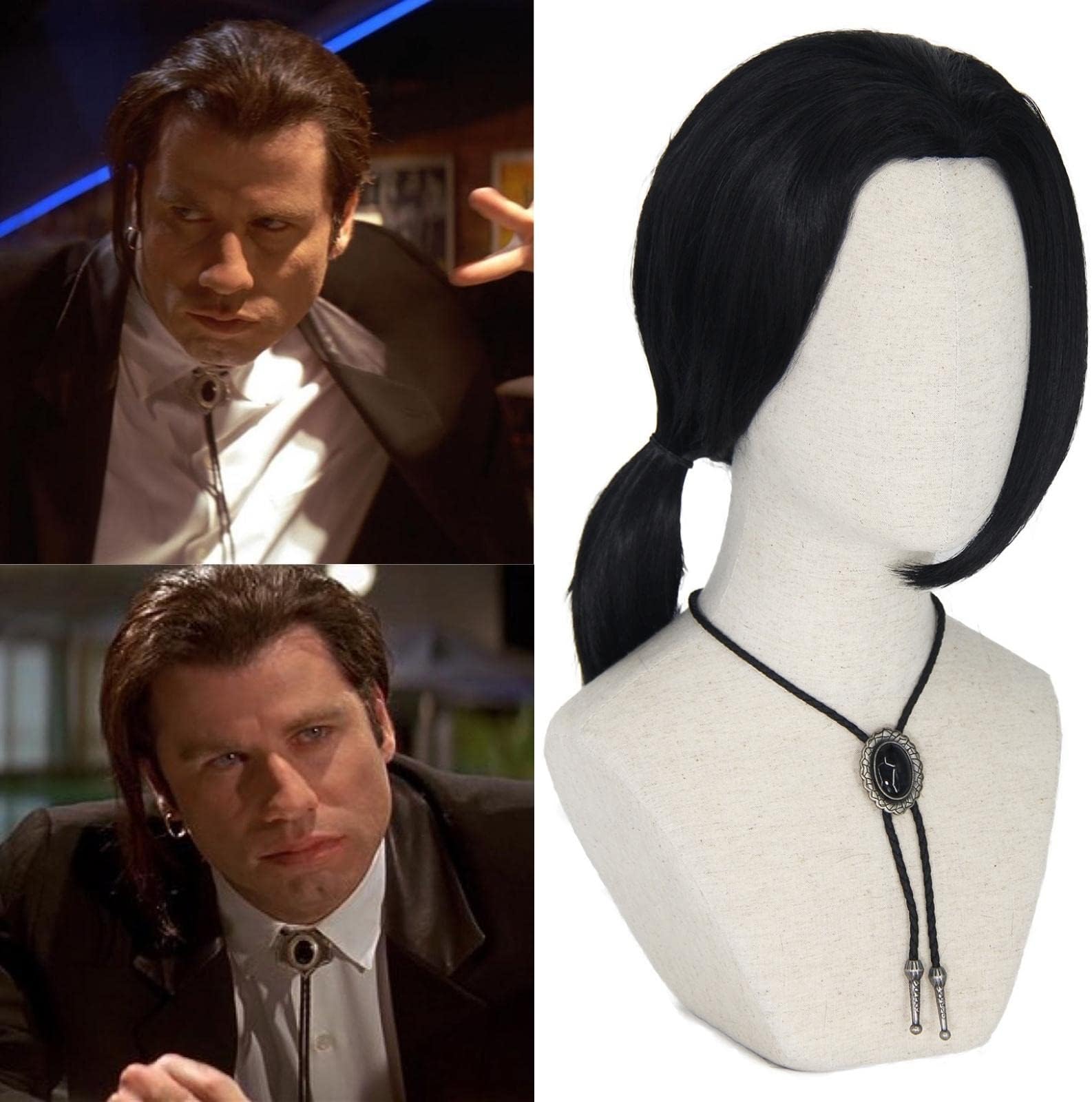 NICATVincent Vega Wig with Bolo Tie 90s Short Black Wig for Vincent Vega Costume NT009BK