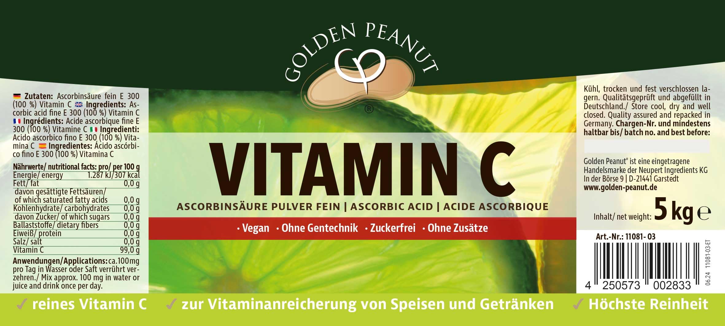 GOLDEN PEANUT Vitamin C Pulver Ascorbinsäure fein Lebensmittelqualität 5 kg