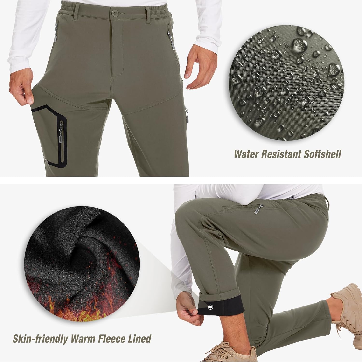 MOURCE フリース裏地 冬用パンツ 男性用 防水 - スノー スキー パンツ ソフトシェル ハイキング パンツ ポケット付き