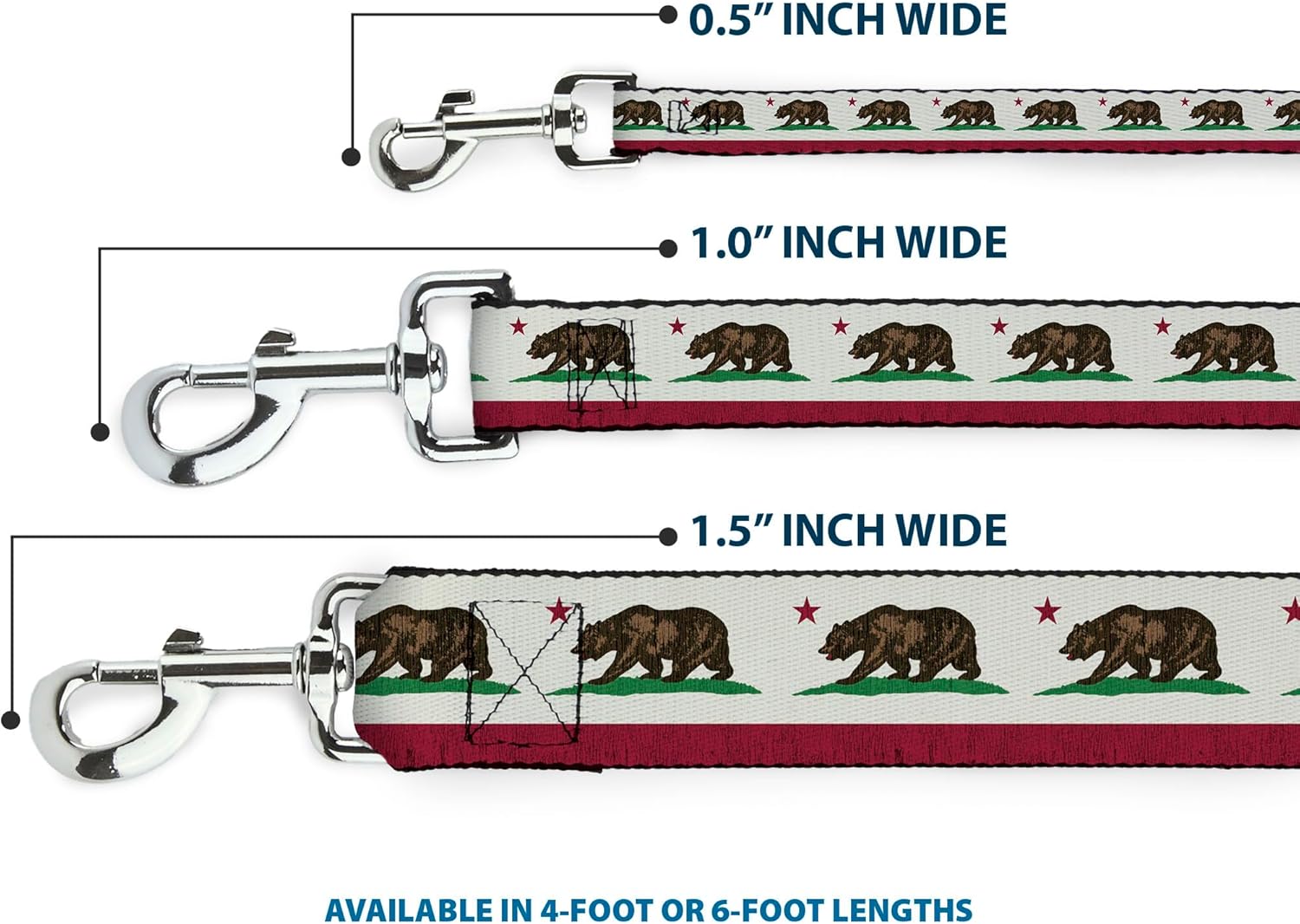 Buckle-Down Pet Leash - California Flag Bear Weathered White - 6 Feet Long - 1" Wide