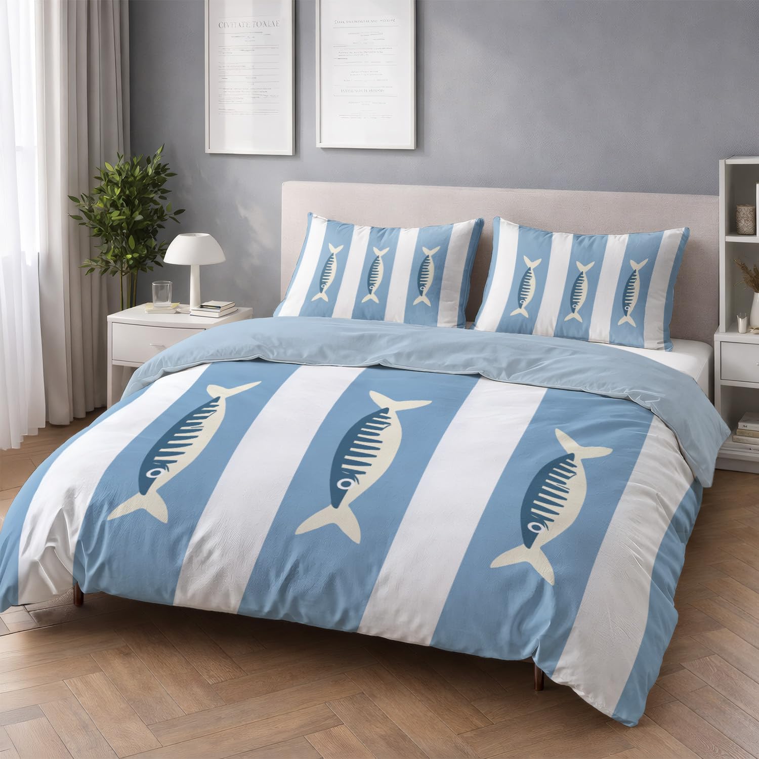Poszwa na kołdrę Zima w paski - 220 x 240 cm - Dwustronna niebieska Ice Microfiber - 2 poszewki na poduszki w zestawie - Pościel morska Świeży wzór ryb - Morbid Microfiber Duvet Cover