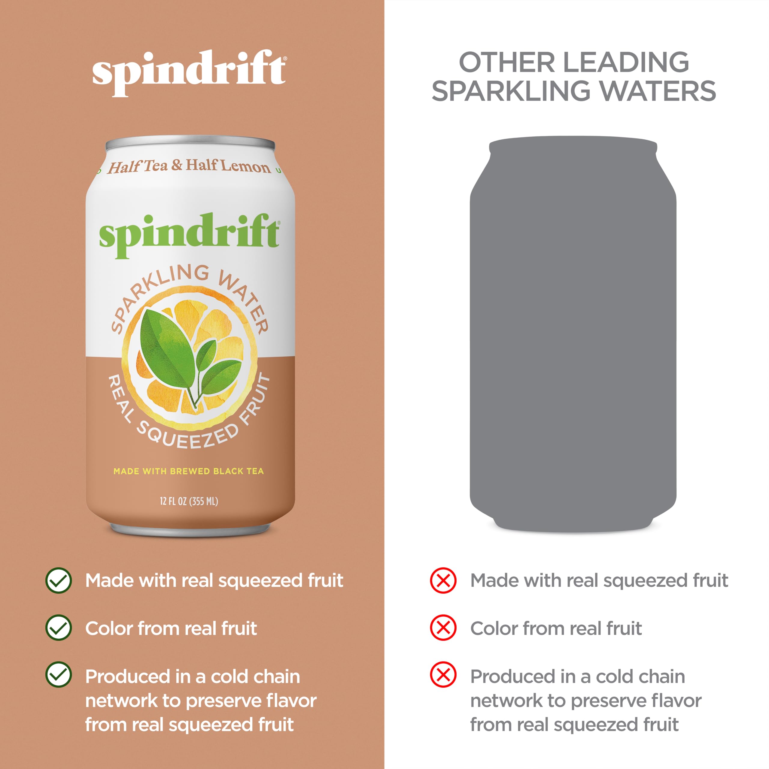 Spindrift Lot de 24 bouteilles d'eau pétillante, moitié thé et moitié citron, fabriquées avec de vrais fruits pressés, 37 ml (seulement 5 calories par canette)