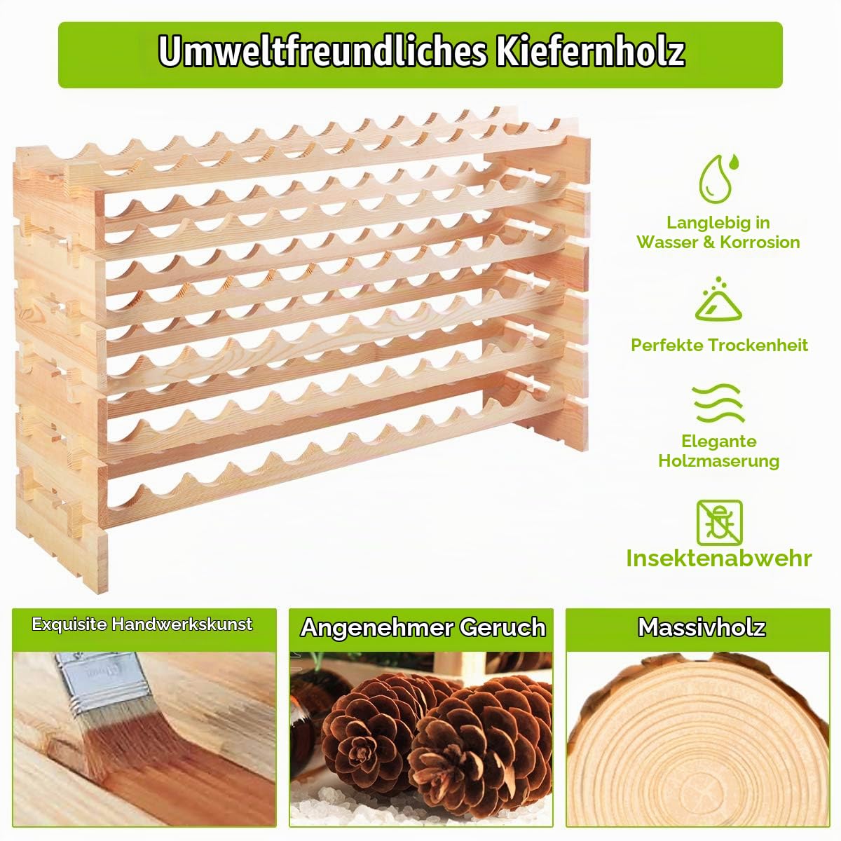 RELAX4LIFE Weinregal Kiefer, Weinschrank für 72 Weinflaschen, 6 Höhe Stapelbar, Weinständer für Küche & Wohnzimmer & Kneipe & Bar, ideale Weinfalschenregal für Weinliebhaber und Sammler, Natur