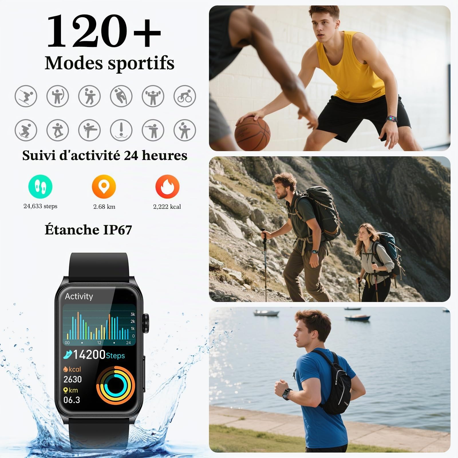 Marsyu Montre Connectée 1,57" Bracelet Intelligent Sportif Fitness Tracker