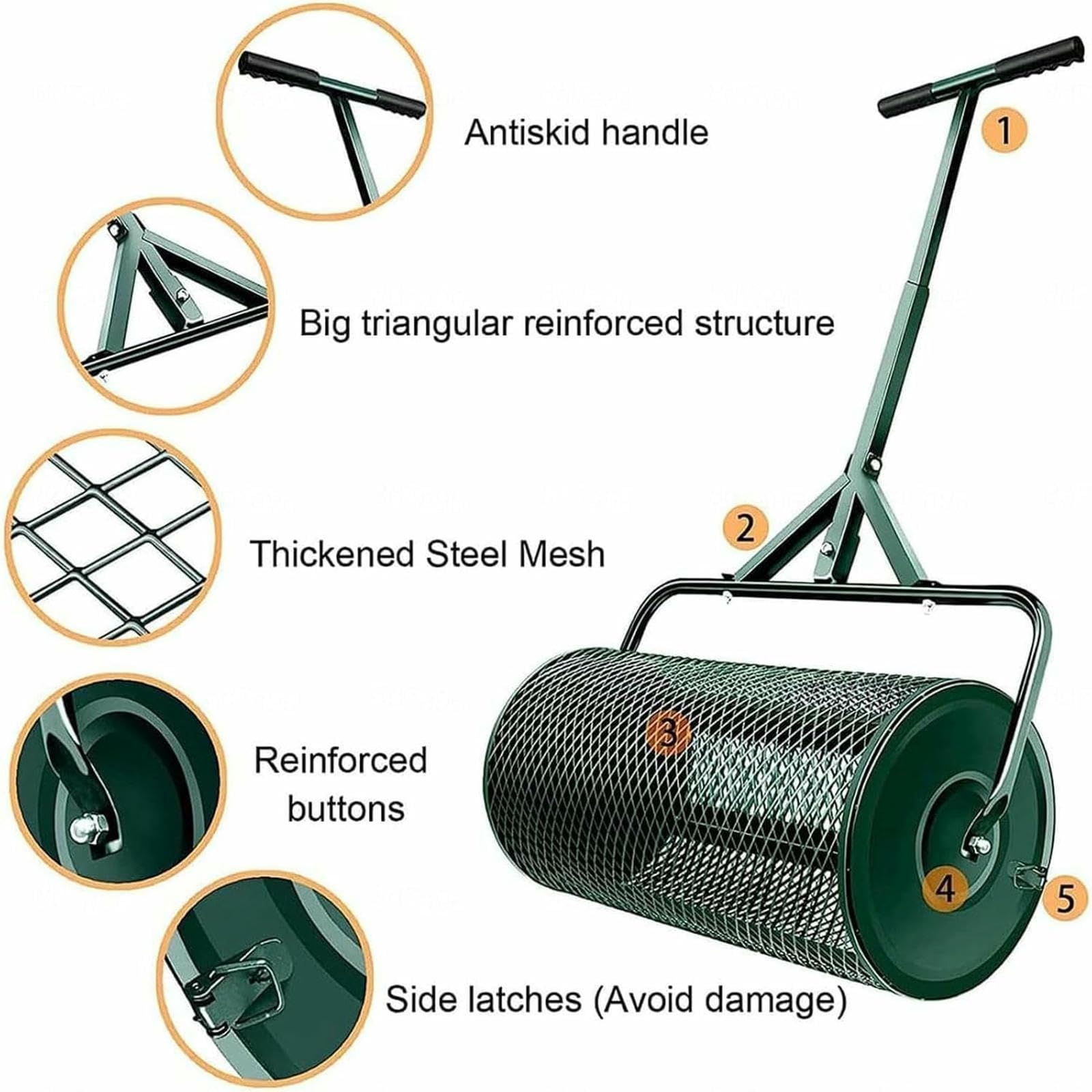 Esparcidor de abono de jardín, distribuidor de malla de metal ligero, resistente al óxido, esparcidor de turba para césped y jardín, ideal para distribución uniforme de compostaje