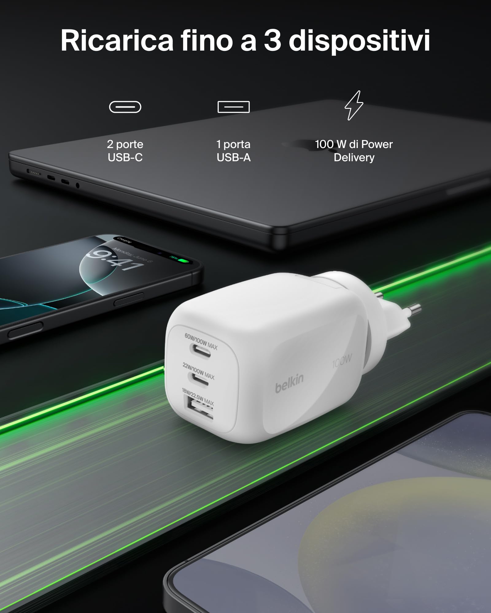 Belkin Caricatore da muro GaN USBC a 3 porte da 100 W, 2 porte USBC e 1 porta USBA, Spine incluse per UE-UK-US, Ricarica Rapida per MacBook, iPhone, iPad Pro, Samsung Galaxy, Google Pixel - Bianco