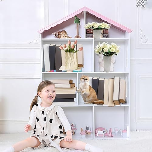 Miniatura 8 de Estantería para casa de muñecas para niños, estante de almacenamiento de MDF blanco de 4 niveles con techo rosa, ventanas decorativas, organizador