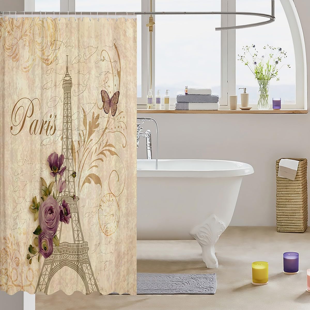 Eiffel Tower Waterproof Shower Curtains Luxury Heavy Fabric Bathroom Shower Curtain Purple Rose Hotel Home Dorm Bathtubs Decor Shower Curtain Machine Washable Grommet Curtain 72 x 84 Inch