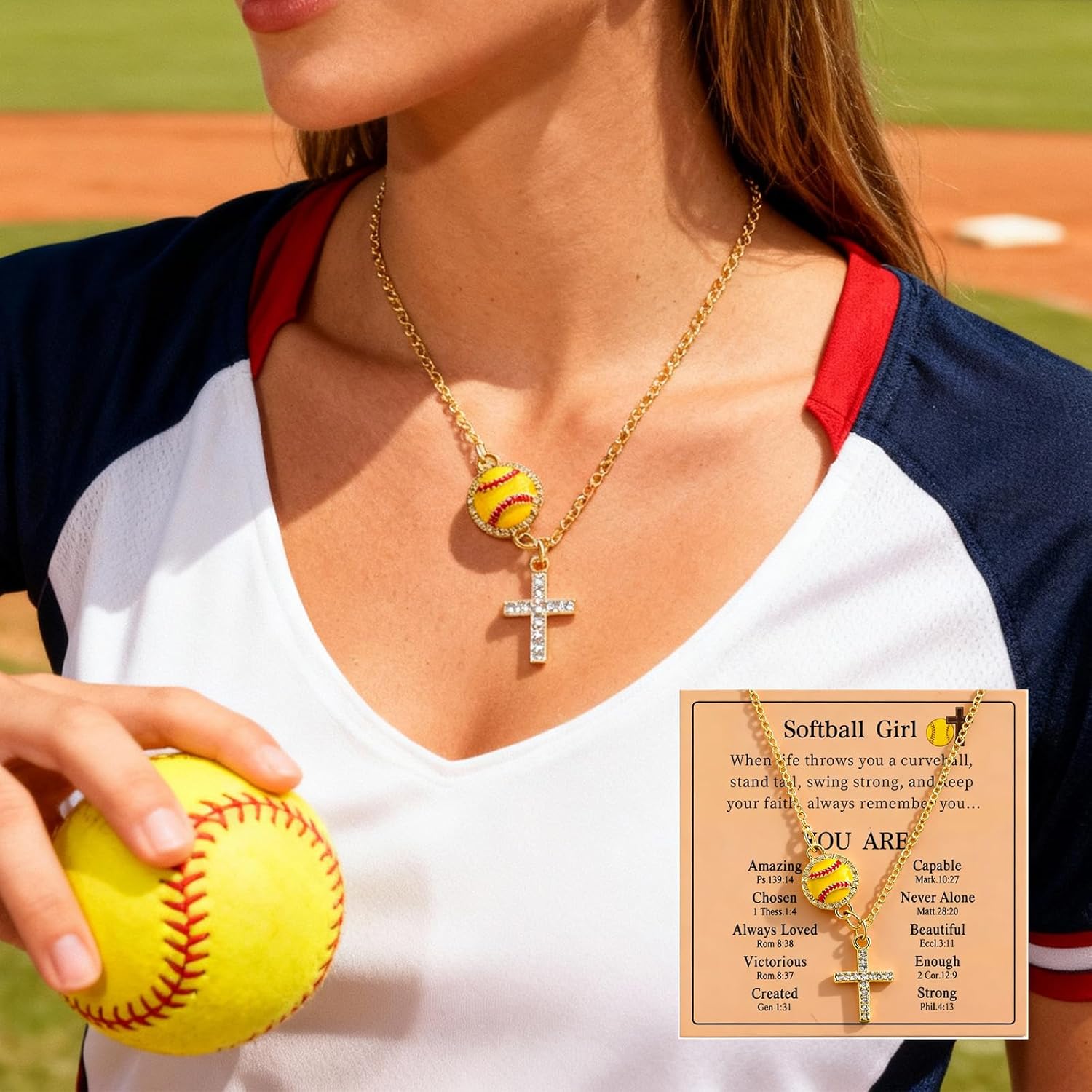 Aonklot Softball Soccer Volleyball Necklace for Women Rhinestone Cross Pendant Christian Faith Jewelry Sports Accessories Christmas Gifts - Image 4