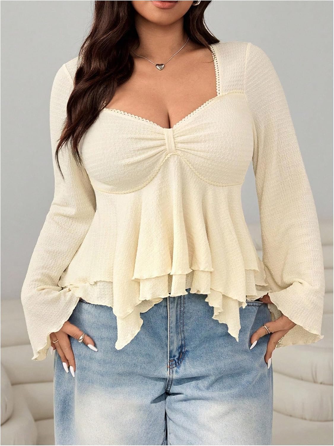 Women's Plus Size Textured Peplum Top Long Bell Sleeve Sweetheart Neckline Ruffle T Shirt - Image 3