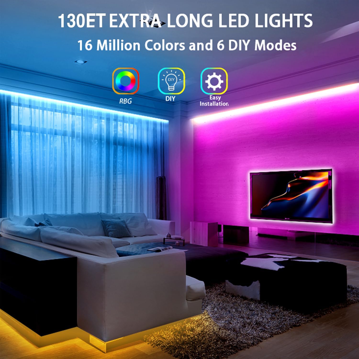 dalattin Led Lights for Bedroom 130ft RGB Led Strip Lights Color Changing Kit with 44 Keys Remote Controller and 24V Power Supply Led Light Strips Indoor Decoration,2 Rolls of 65ft