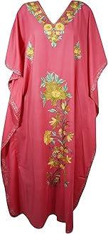 Image of Mogul Interior Pink Kaftan Maxi Dress Embroidered Caftan Housedress L-3XL