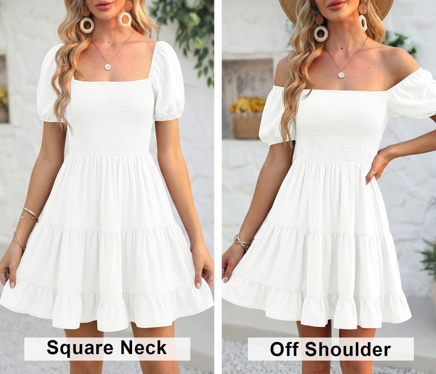 Veatzaer Women's Puff Sleeve Square Neck Smocked Babydoll Dress Boho Floral Print Off Shoulder Ruffle Mini Short Dress