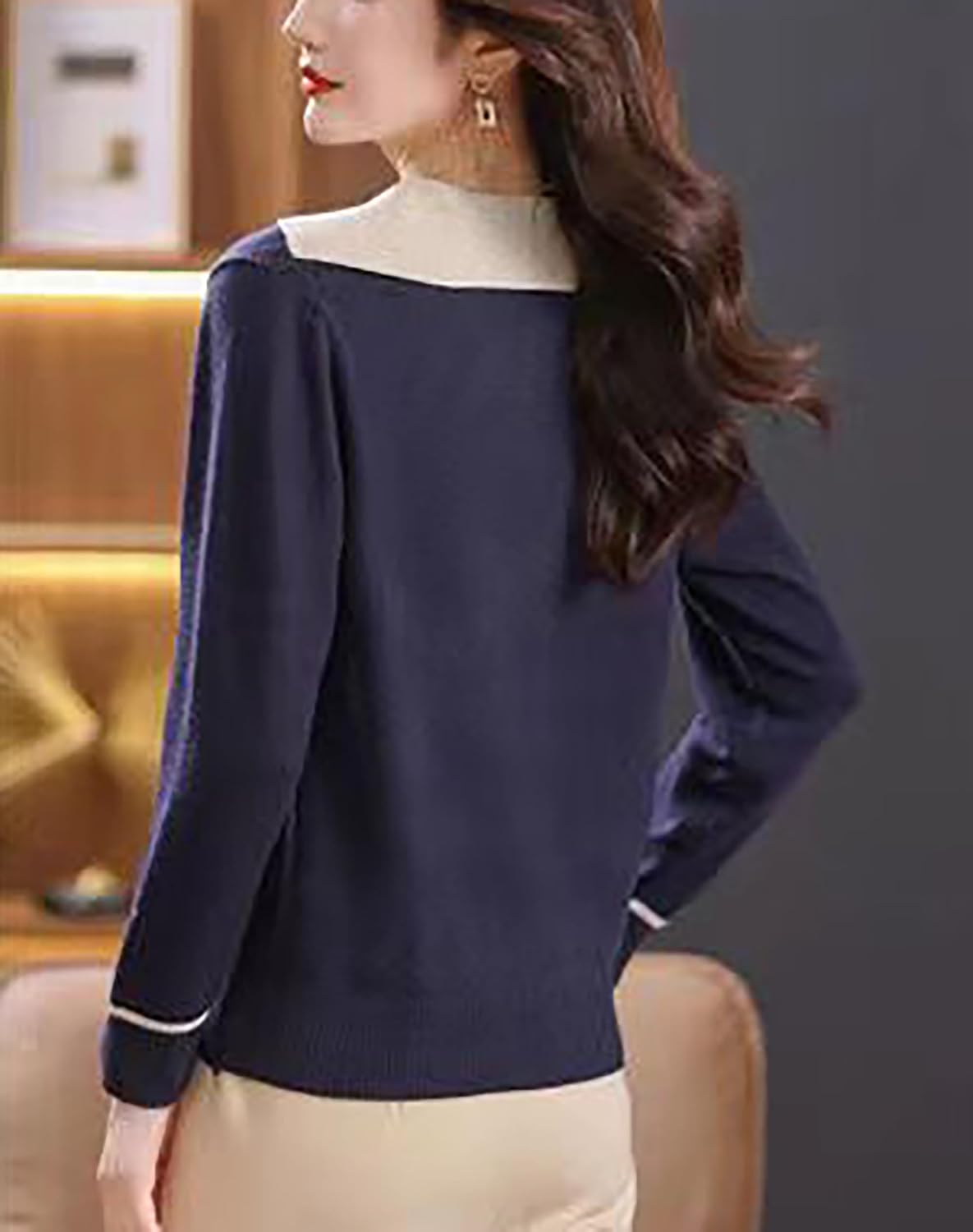 LAI MENG FIVE CATS Women's Sailor Collar Casual V-Neck Long Sleeve Shirt Color Block Sweater Knit Pullover Tops - Image 4