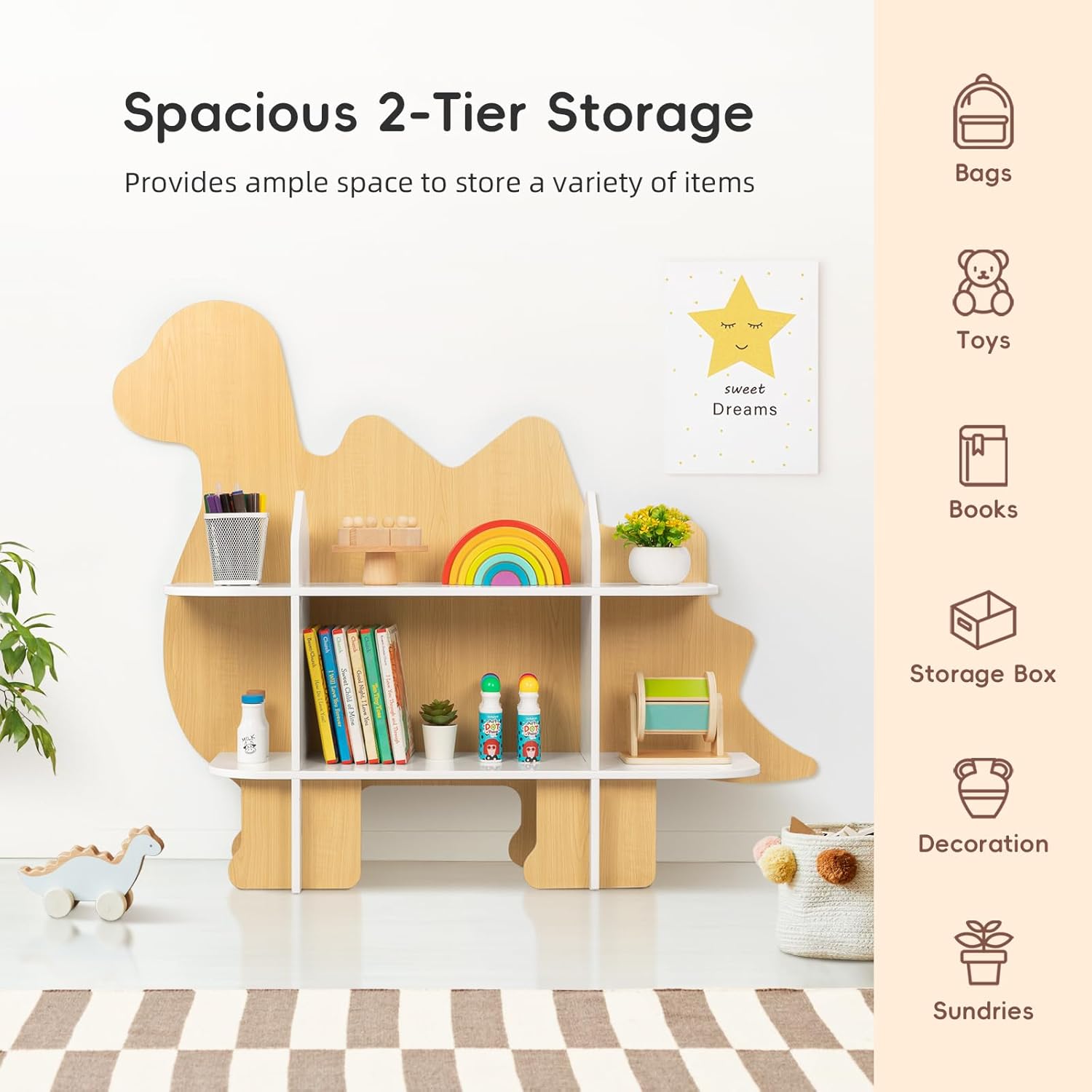 OOOK Children Dinosaur Bookshelf, 2-Tier Toddler Bookshelf, Dino Kids Bookcase and Toy Storage Organizer, Montessori Toy Shelf for Kids Room, Playroom, Nursery and Kindergarten