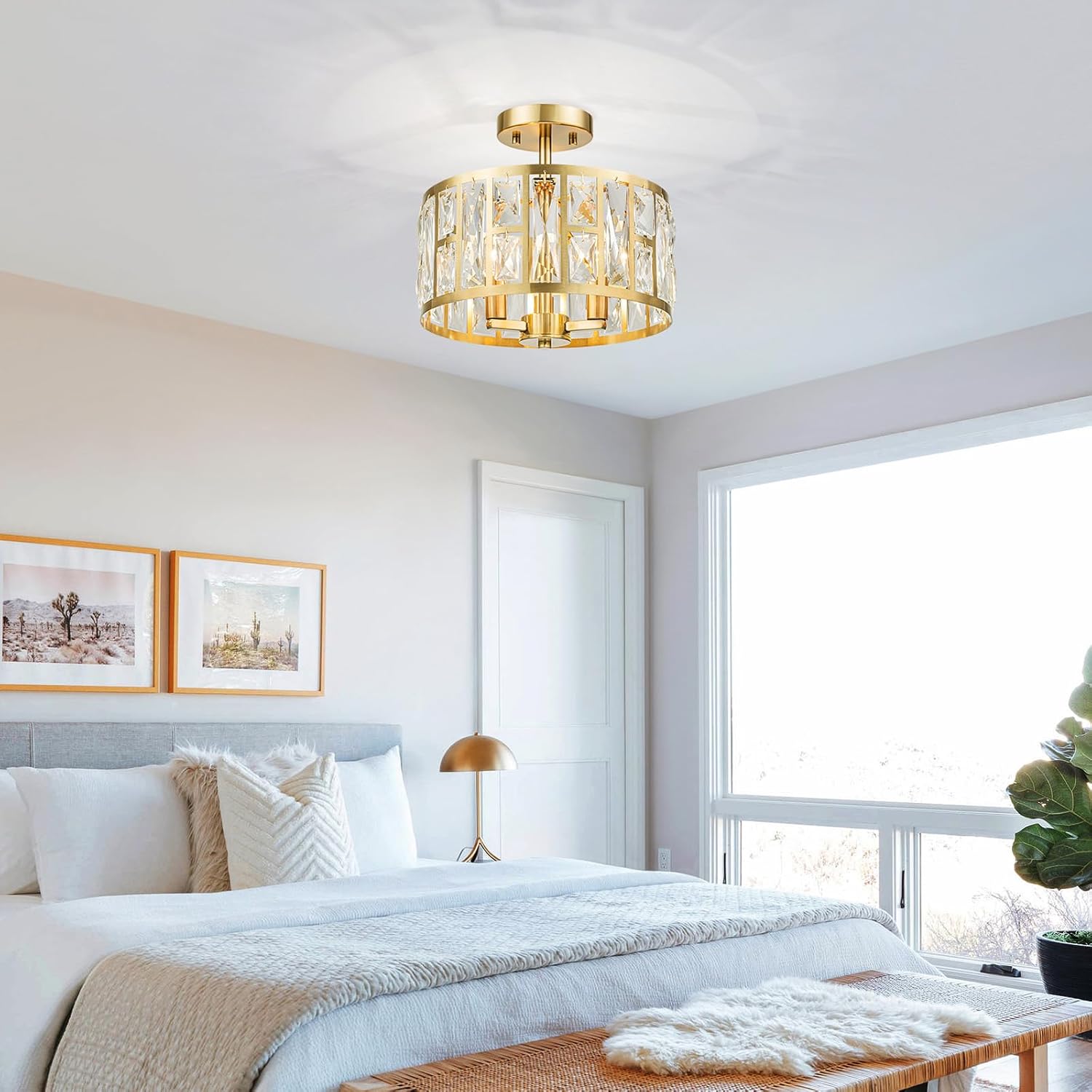 LumFurn 3-Lights Modern Crystal Ceiling Light, Semi-Flushmount Light Fixture for Living Room, Foyer, Kitchen, D12.5 in x H11 in, Gold Finish