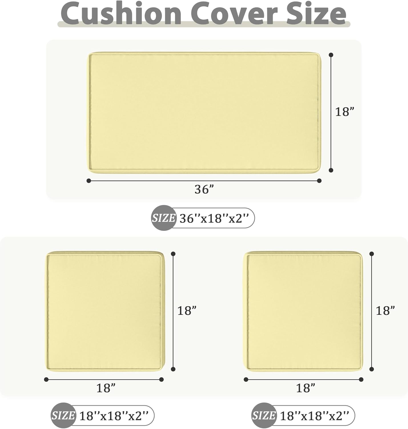 3 Pack Outdoor Patio Seat Cushions Replacement Covers Fit for 4 Pieces 4-Seater Wicker Rattan Patio Conversation Set Loveseat Chair Couch Furniture,36x18x2,18x18x2,Liaht Yellow-Cover Only