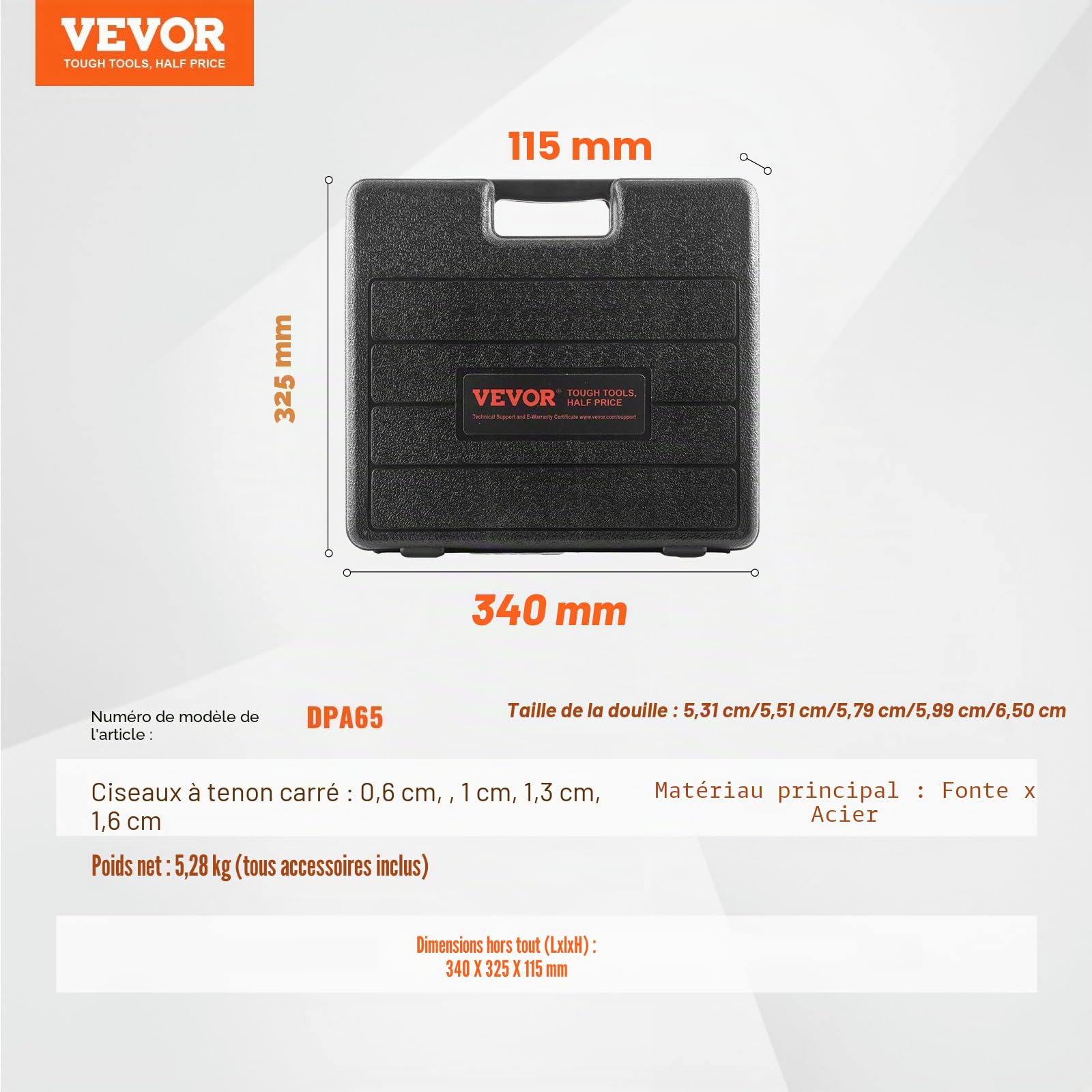 VEVOR Fixation à mortaiser pour perceuse à colonne, 4 forets, kit burins à trous carrés, ensemble de localisateur de forets d'établi, outils à mortaise et tenon avec 5 bagues, pour le travail du bois