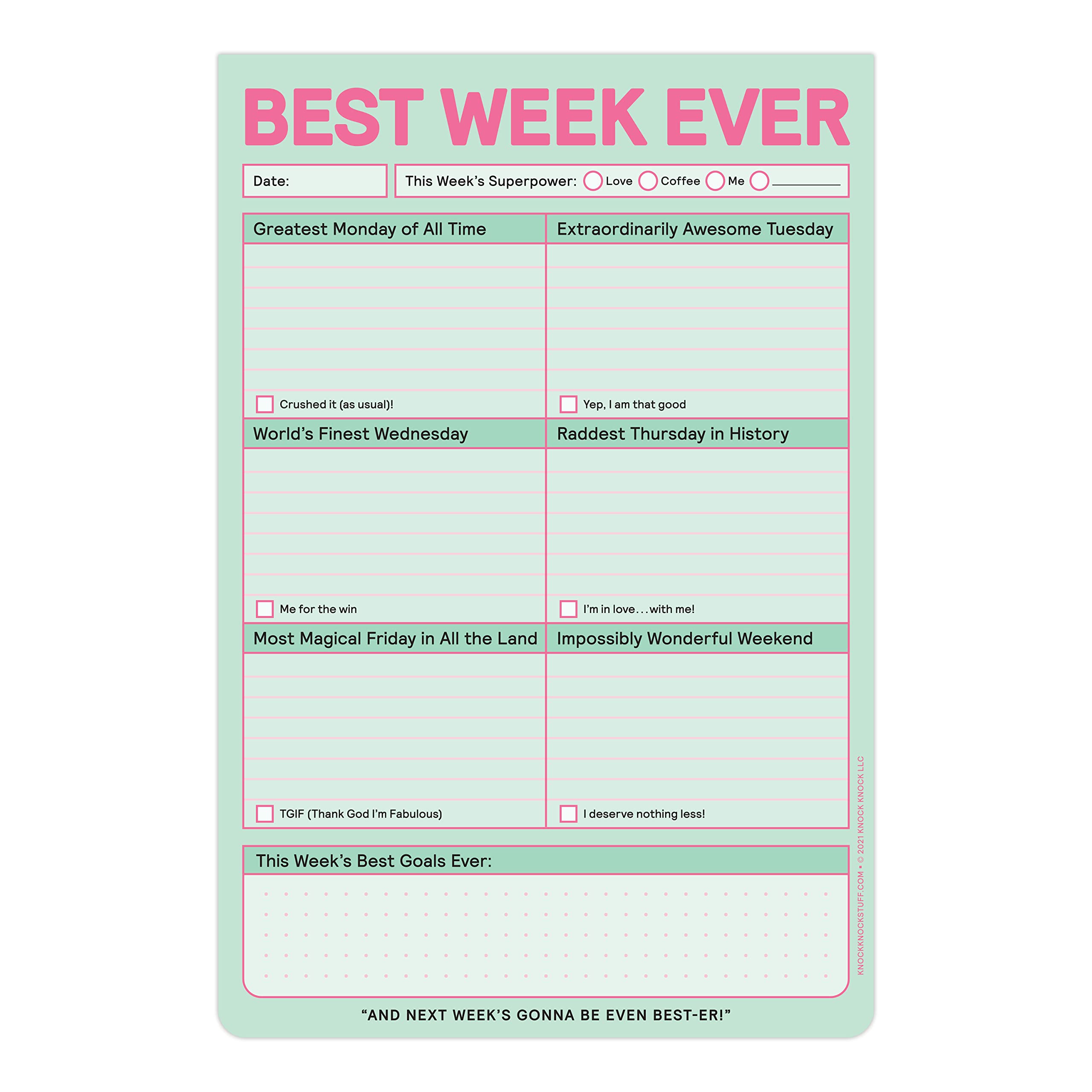 Knock Knock Best Week Ever-Block, Wochenplaner und Planungsblock für To-Do-Listen (Pastell-Version), 15,2 x 22,9 cm
