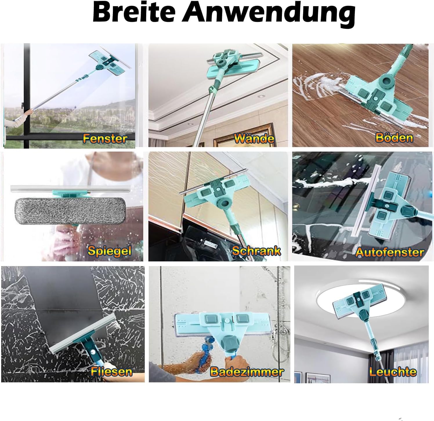 Hooha Teleskop Waschbürste Fensterputzer, Fensterabzieher Set Mit 3 Mikrofasertüchern, U-Bügel Stange Und Verlängerbarem Teleskopstiel Von 69 Bis 145 cm Für Streifenfreie Fensterreinigung