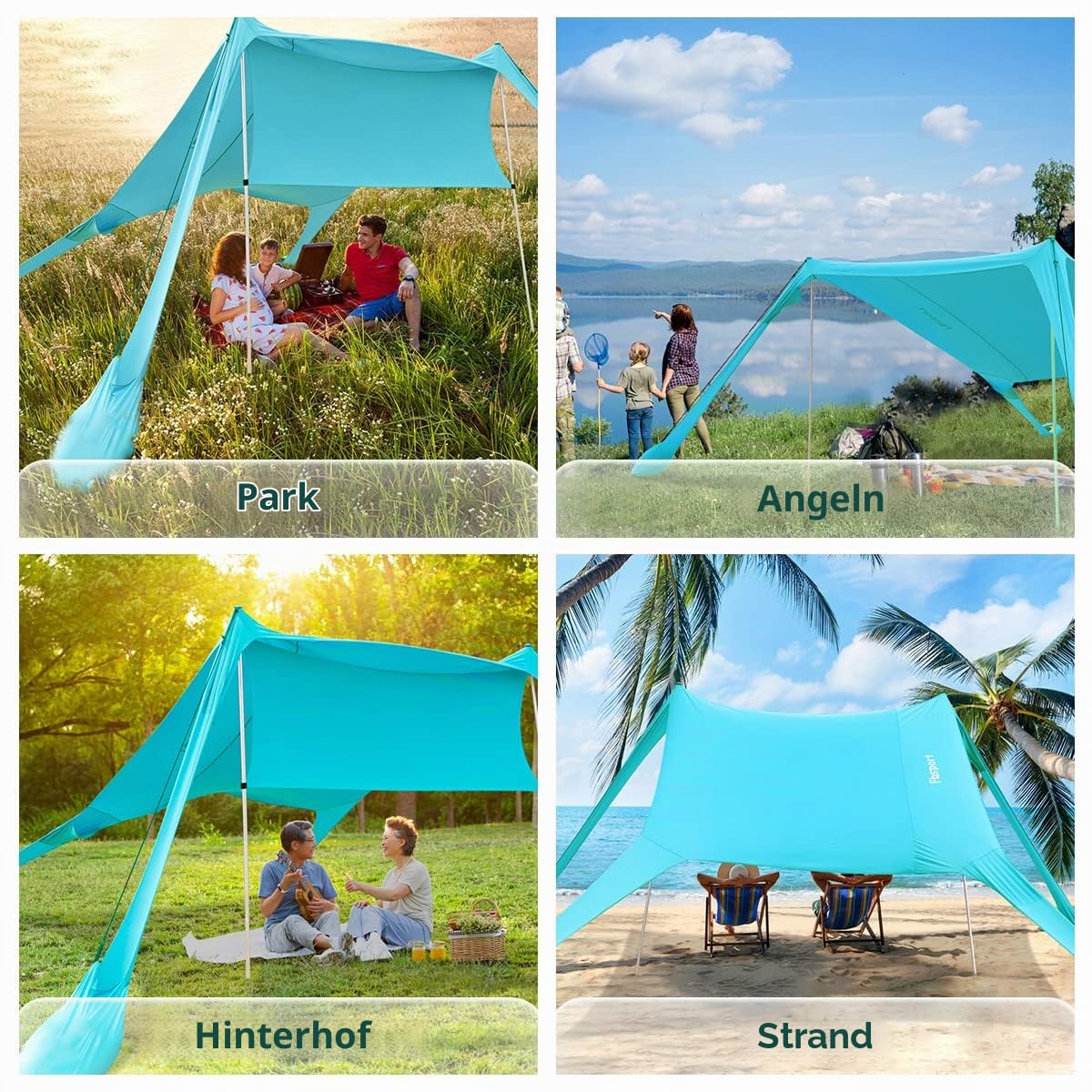 Strandzelt Sonnenschutz Strand zelte strandmuschel Muschel UPF50+ mit Sandschaufel, Erdnägeln und Stabilitätsstangen, Outdoor-Schatten für Campingausflüge, Angeln, Hinterhofspaß oder Picknicks