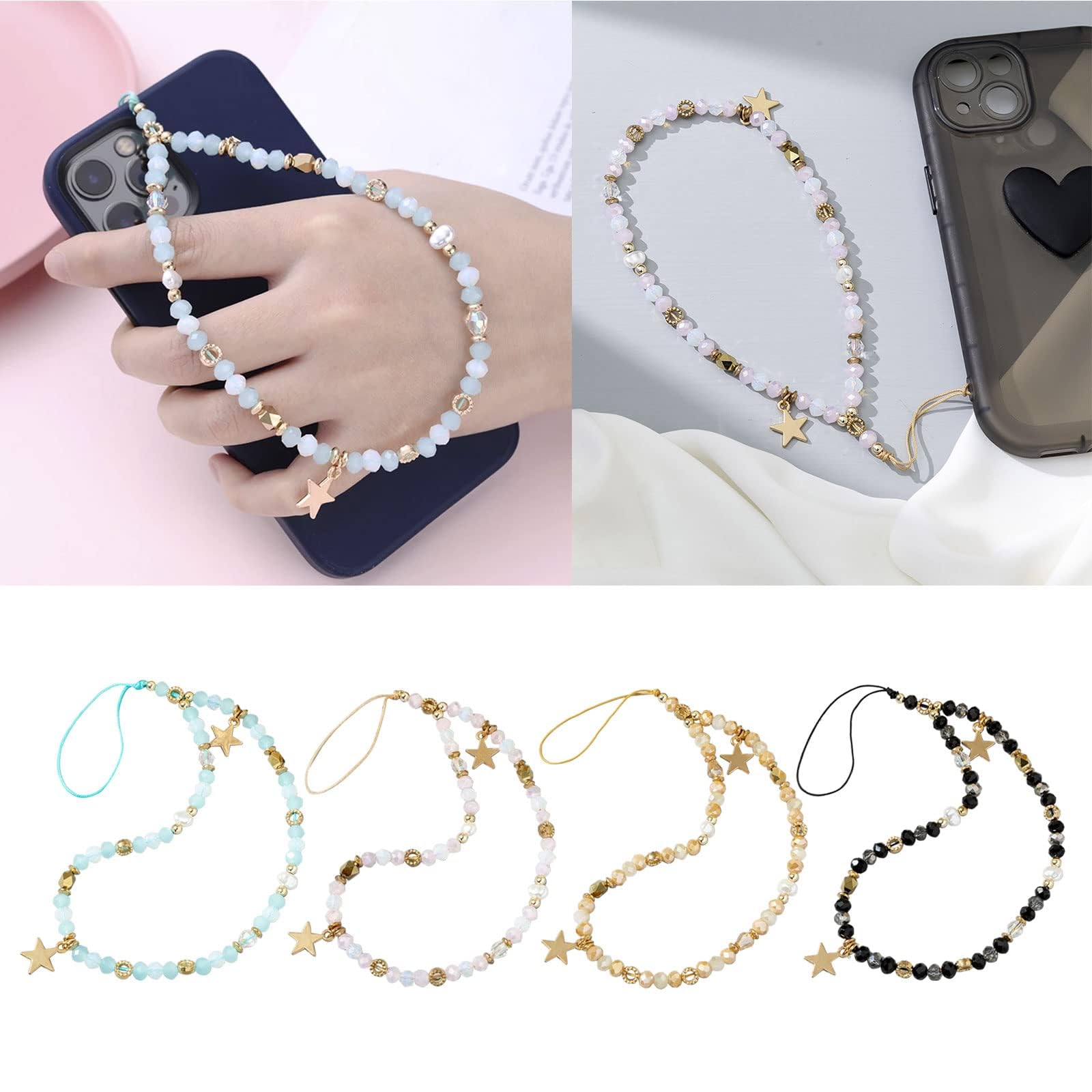 WaTudouYe Chaîne de perles pour téléphone - Bijoux pour téléphone - Anti-perte - Cordon pour téléphone - Corde en étoile - Pendentif pour téléphone - Lanyard pour téléphone pour femmes et filles