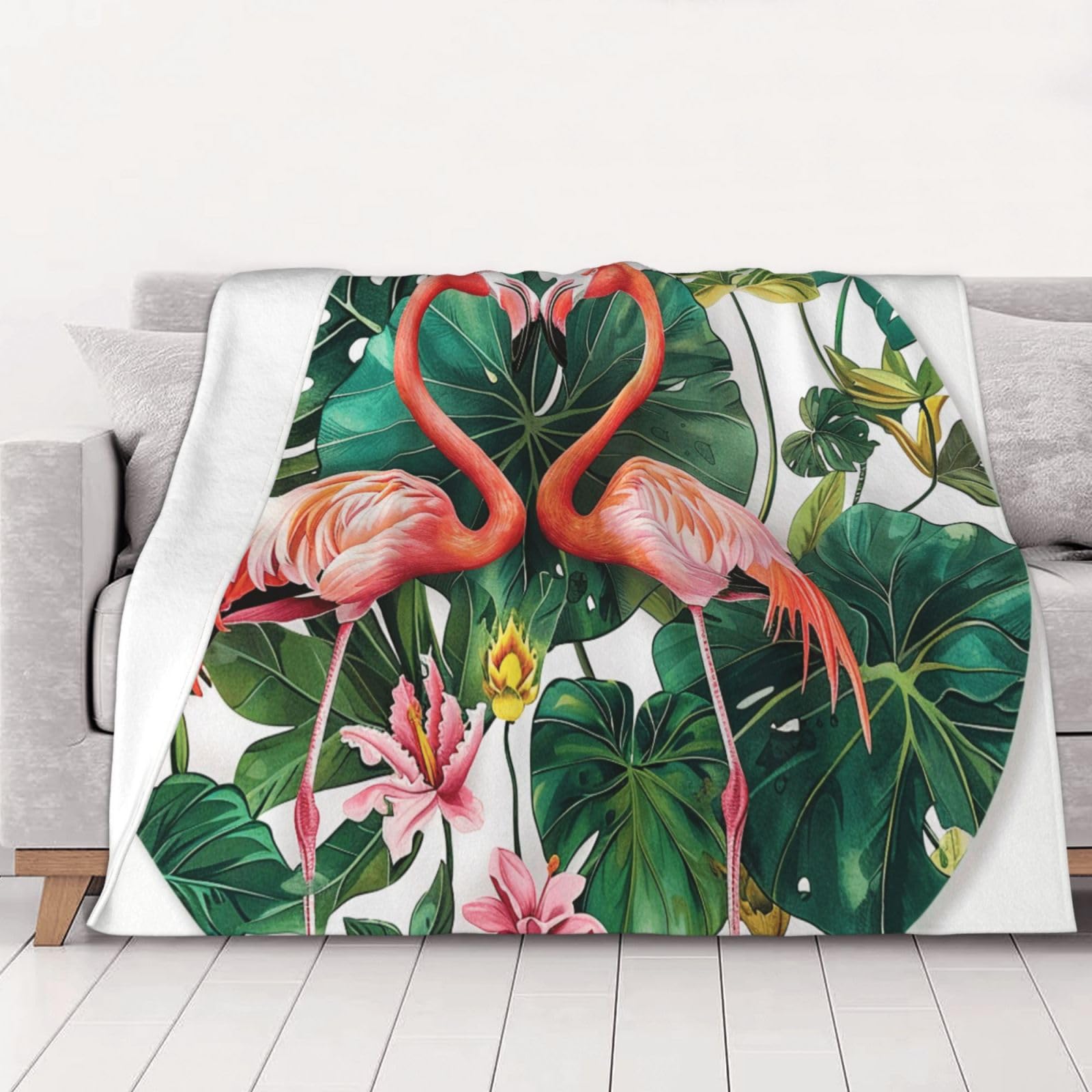 AUBKFELD Flamingo Bird Round Leaves Printed Flannel Blanket 200x150 CM, Soft & Warm Throw Blanket for Sofa/Couch/Bed/Car, Gifts for Audlts Women Men