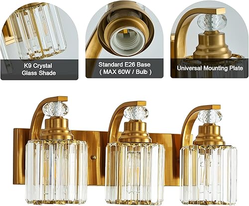Miniatura 4 de Refice Lámpara de tocador de baño de cristal de 3 luces, accesorios modernos para baño, apliques de pared con acabado de latón cepillado dorado