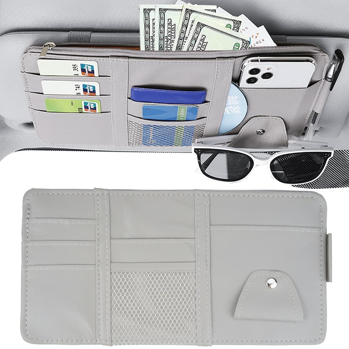 WANJUNSHANGMAOYOUXIAN Sun Visor Organiser for Seat MII 5-Türer KF1 I 2012-2019, Waterproof Durable PU Leather Interior Storage Pockets Car Sunshade Document Holder Sunglasses Clip
