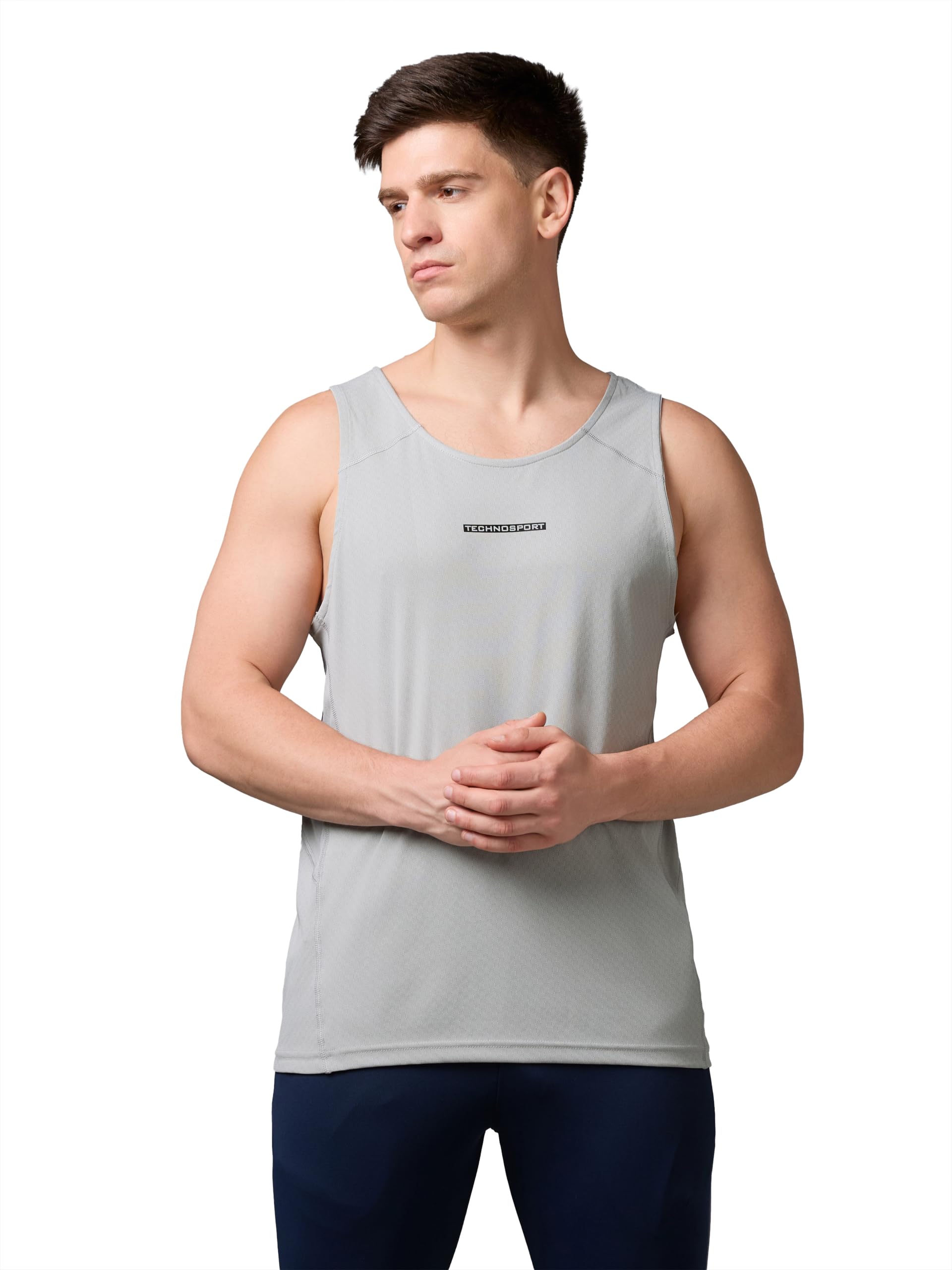 TECHNOSPORT Men's Slim Fit Textured Scoop Neck Lightweight Gym Vest for Running, Gym & Sports