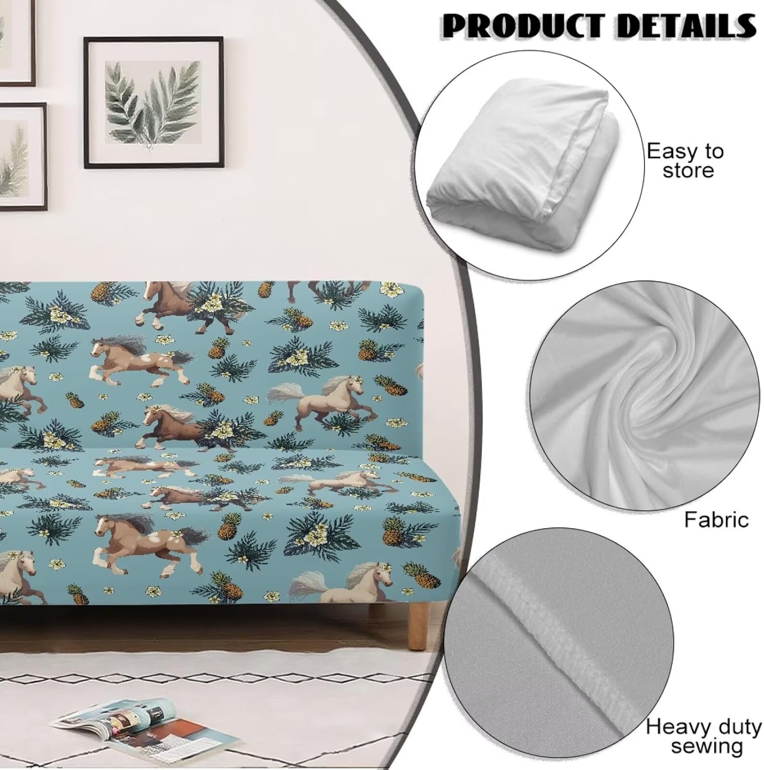 Suobstales Horse Pineapple Hibiscus Palm Leaves Pattern Velvet Futon Cover Armless Sofa Covers Sofa Bed Covers Stretch Futon Couch Cover Sofa Slipcover Furniture Protector