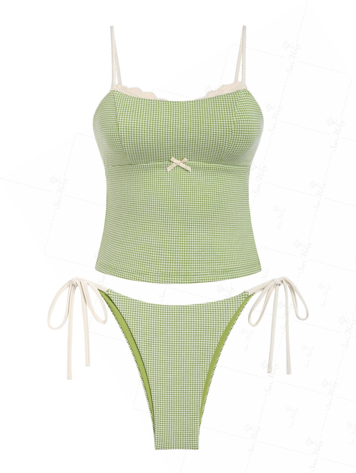 seamoly Women’s Cute Tankini Set Gingham Two Piece Swimsuits with Bow Back Tie Side Bottom