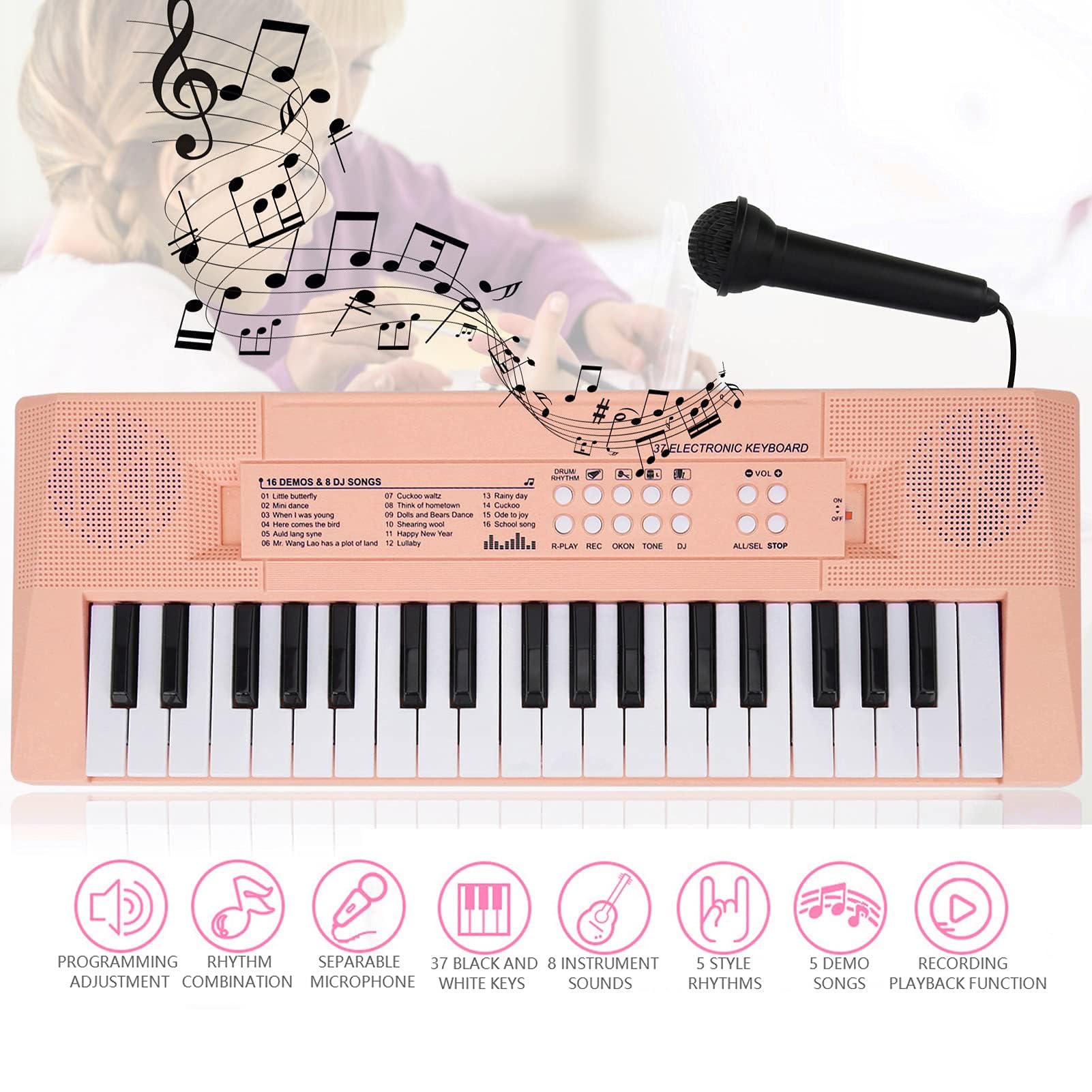 Ejoyous Teclado Piano eléctrico de 37 teclas, teclado musical portátil para principiantes con función de grabación, micrófono incluido, teclas blancas y negras, alimentación de batería USB AA (rosa)