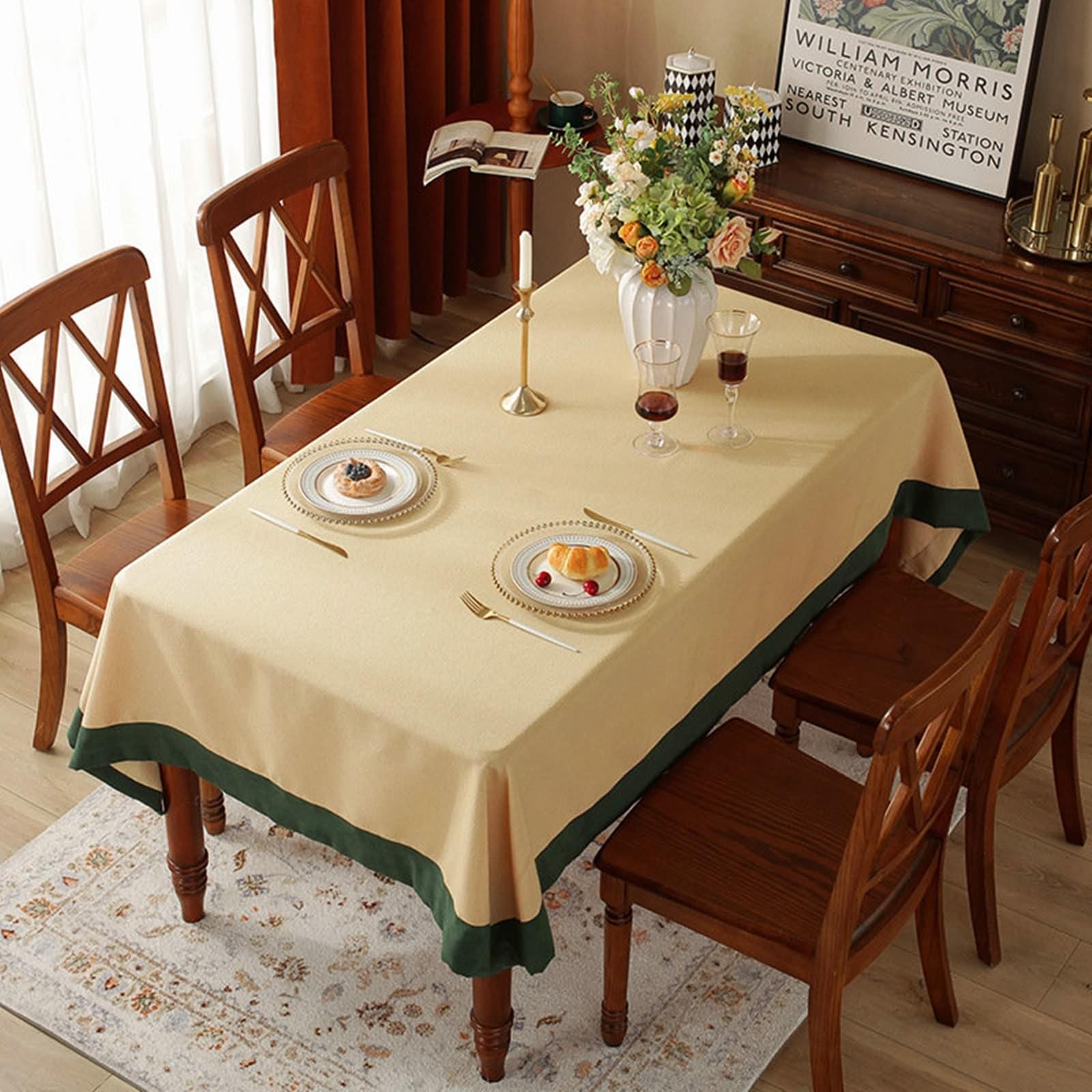 Rechteckige Tischdecke 110x170 cm, Polyester Tischtuch Abwaschbar Einfarbig mit Grün Rand Tischwäsche für Outdoor Party Küche, Gelb