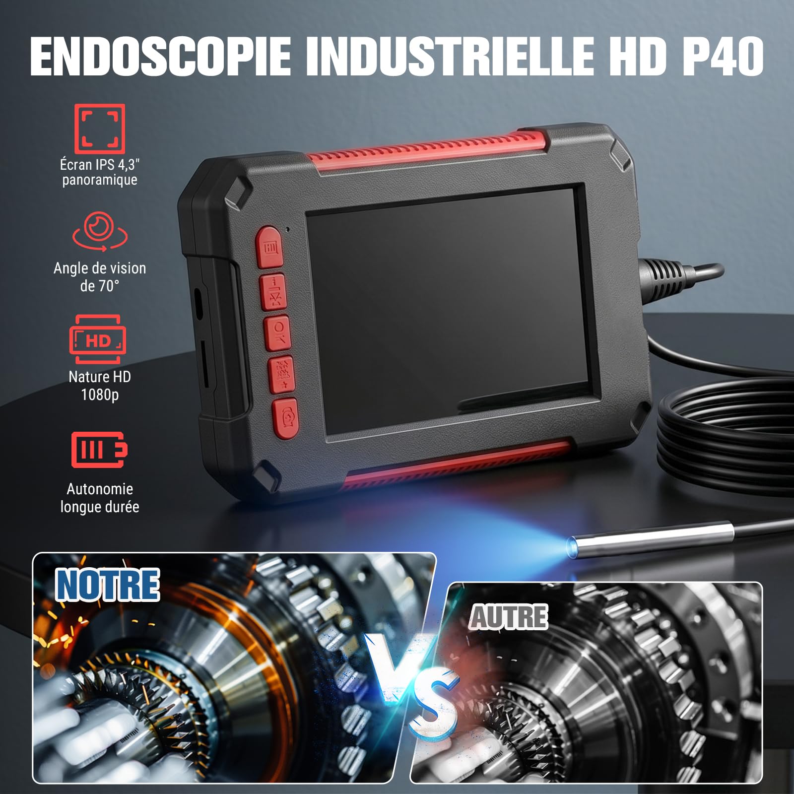 Endoscope Industriel P40, Caméra d'Inspection 1920P HD, Sonde 3,9 mm, Écran IPS 4,3 Pouces, 6 LED Réglables