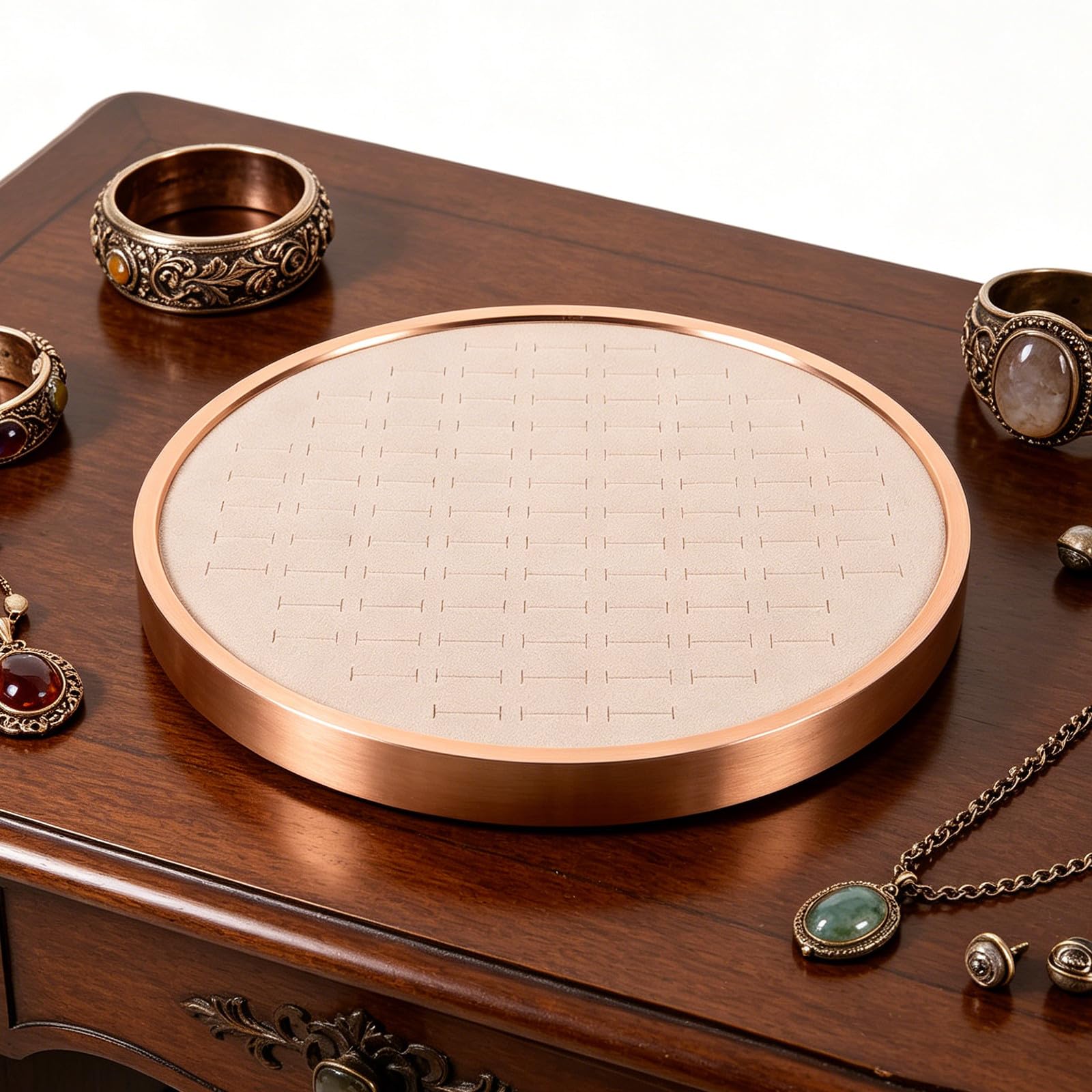 Bandeja redonda para joyas: organizador de pendientes con 68 ranuras, bandeja para exhibir collares de 29,6 cm (11,65'') - Plato decorativo para guardar anillos, collares, llaves y