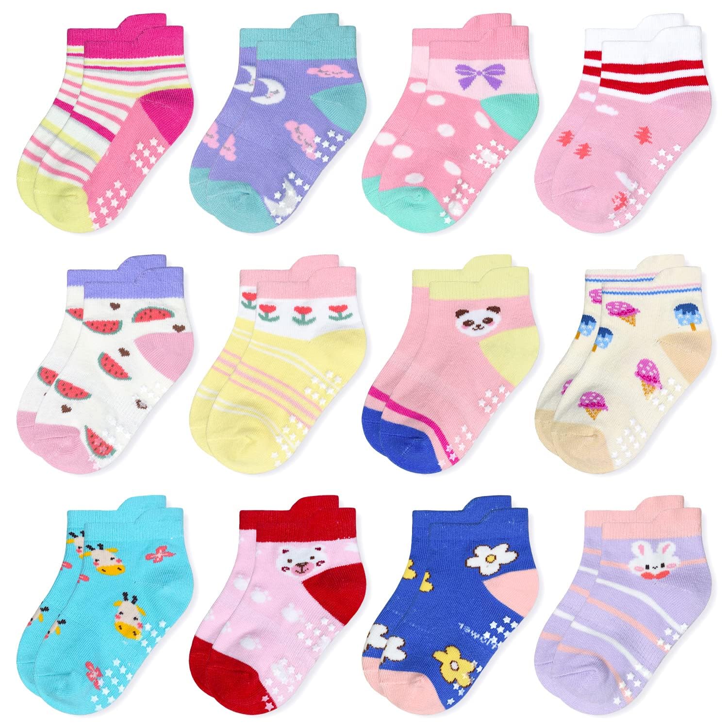 SUOSDEY Baby Antirutsch Socken mit Griffen - 12 Paar Jungen Kinder Mädchen Kleinkinder ABS Rutschfeste Socken Baumwolle StopperSocken, 1-7 Jahre