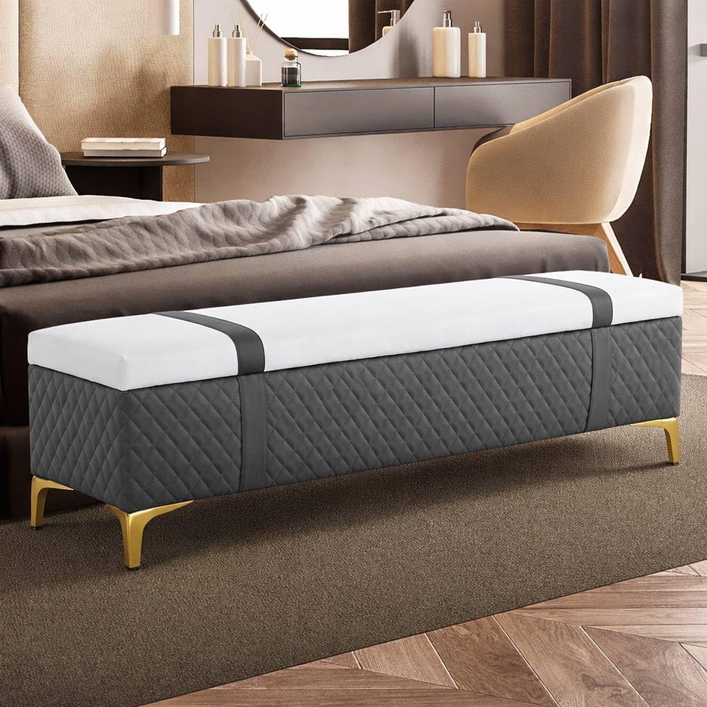 Modern Chesterfield Storage Ottoman Bench with Padded seat Hidden Storage, Square Boxes Leatherette Upholstered Bedside Bench for Living Room, Bedroom, Entryway (Grey)-image-37