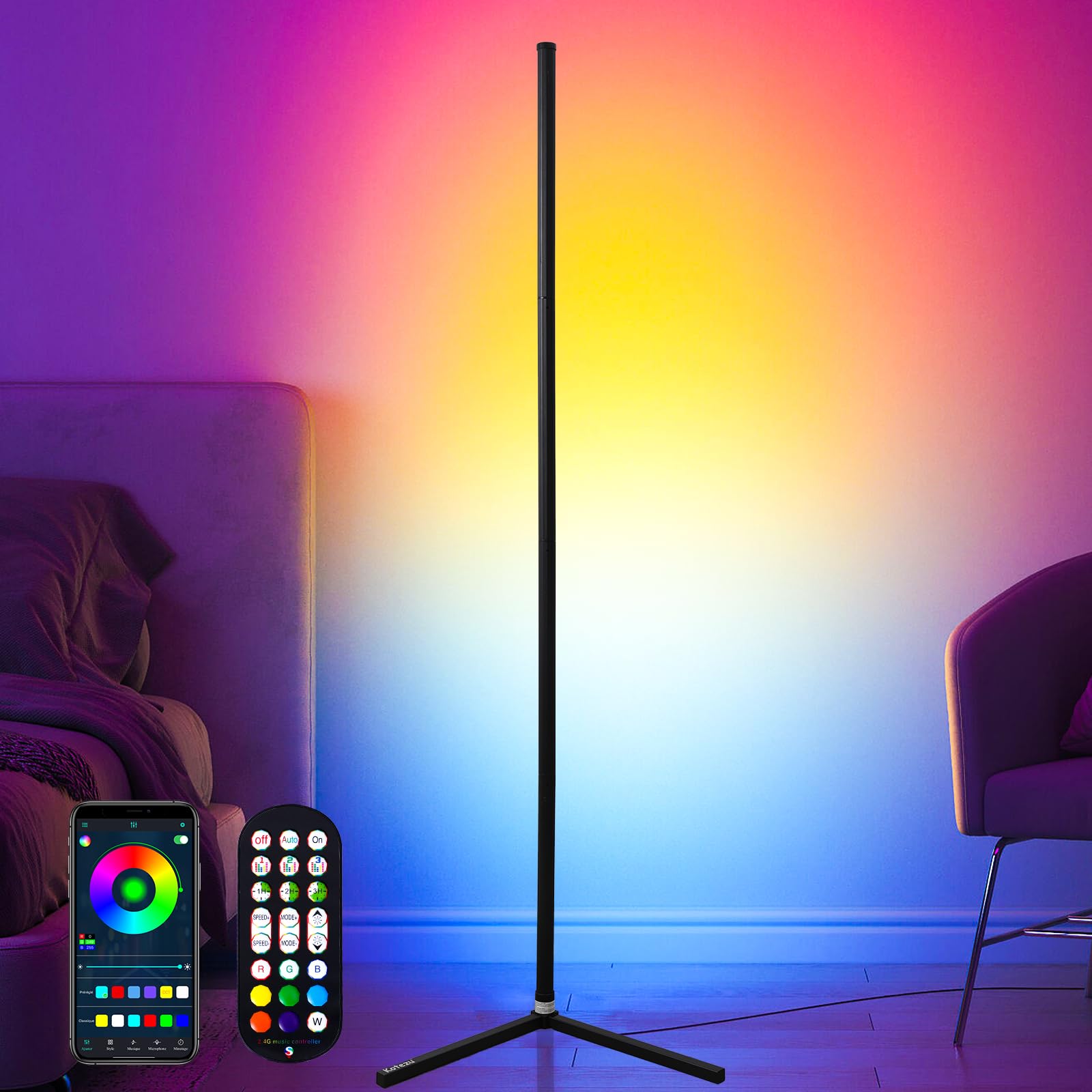 Lampadaire LED RGB Intelligent - 16 Millions De Couleurs, Synchronisation Musique - Télécommande Et Appli - 2
