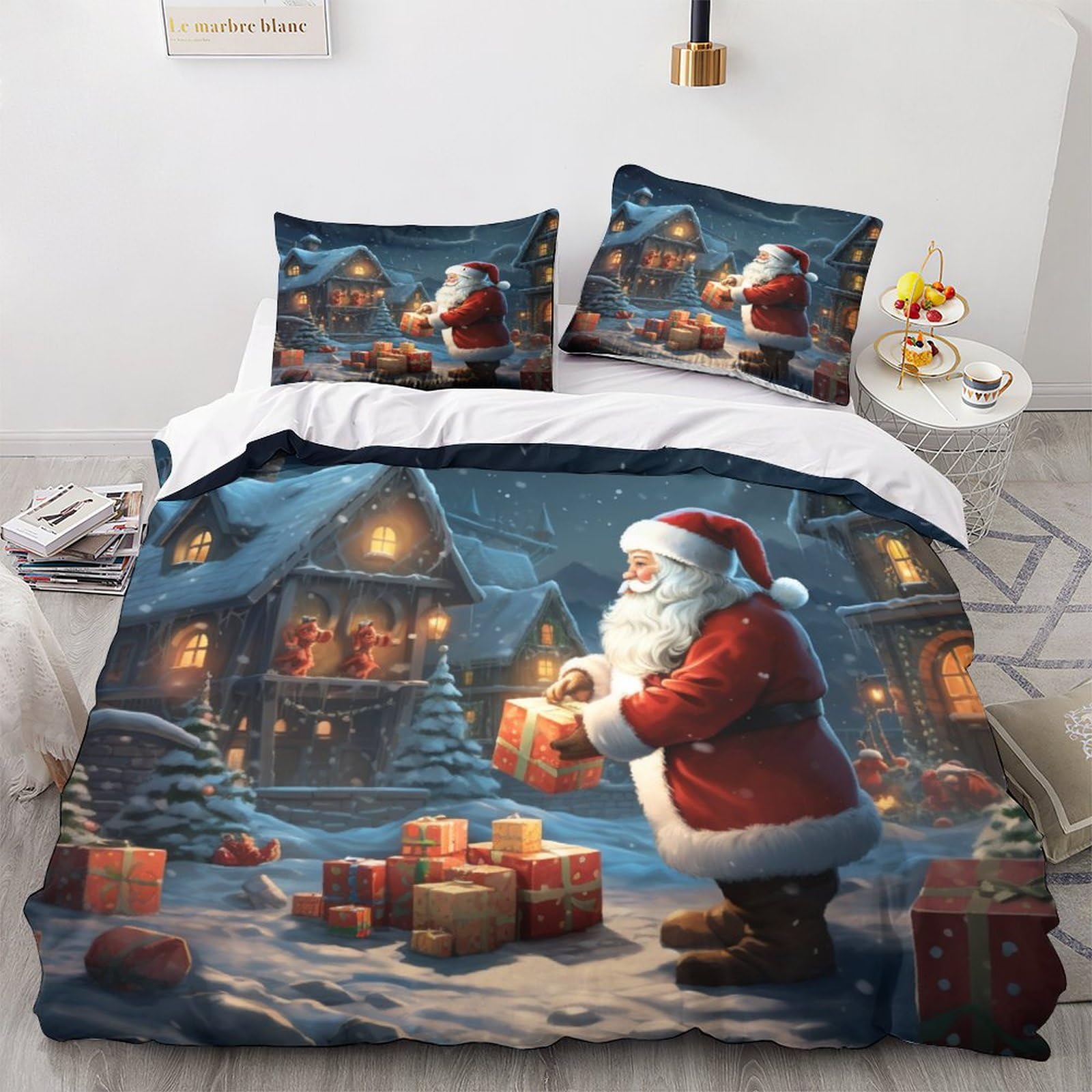 OPSREY Santa Claus Duvet Cover Microfiber Quilt Cover with Pillowcases, Christmas Comforter Sleep Aid Bedding Set Hidden Zipper Kids And Adults Boys Girls Double（200x200cm）